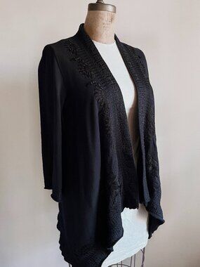 Johnny Was Delphine Embroidered Knit Draped Cardigan, Black Medium